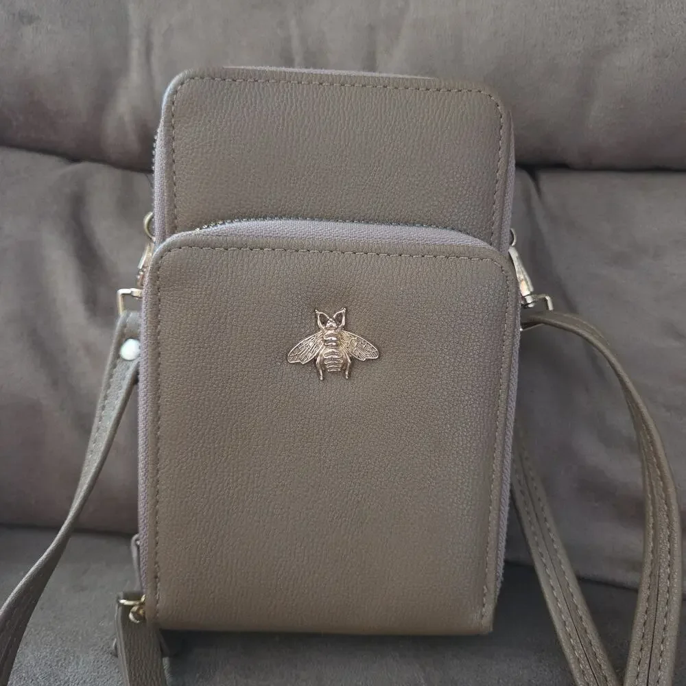 Tan Women’s Crossbody Bag Double Zip Gold Hardware Bee Emblem Detach Strap